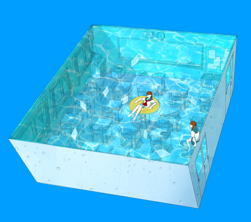 2girls, afloat, analog_clock, blue, blue_background, blue_skirt, brown_hair, chalkboard