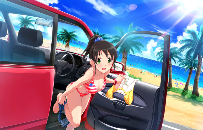 1girl, :d, artist_request, barefoot, beach, bikini, black_hair, breasts
