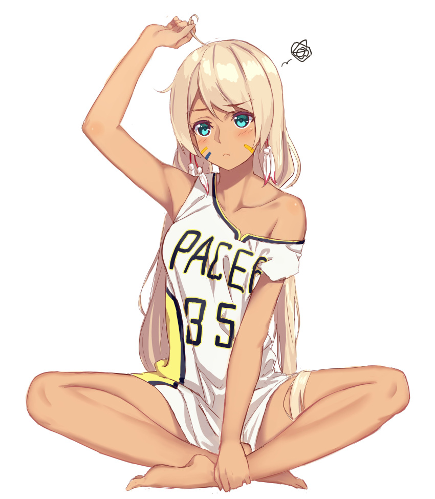 1girl, absurdres, ahoge, arm_up, armpits, bangs, bare_arms, bare_legs, barefoot, basketball_uniform, blonde_hair, blue_eyes, blush, bottomless, breasts, clothes_writing, collarbone, dark_skin, earrings, eyebrows, eyebrows_visible_through_hair, facepaint, feather_earrings, feathers, frown, full_body, hand_on_ankle, highres, indian_style, indiana_pacers, indianapolis_(zhan_jian_shao_nyu), jewelry, looking_at_viewer, low_twintails, medium_breasts, national_basketball_association, native_american, no_pants, off_shoulder, parted_bangs, pun, simple_background, sitting, solo, sportswear, squiggle, twintails, white_background, zhan_jian_shao_nyu, zi_se