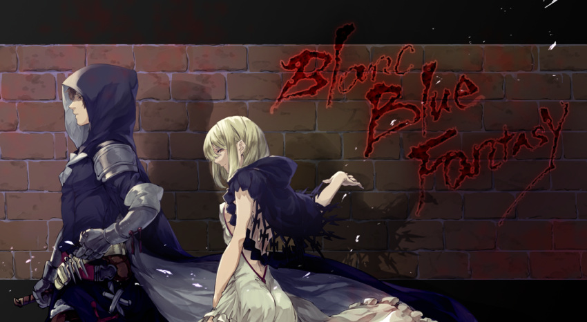 1boy, 1girl, armor, assassin_(granblue_fantasy), blonde_hair, brick_wall, brown_hair, djeeta_(granblue_fantasy), dress, godoo, gran_(granblue_fantasy), granblue_fantasy, hood, letterboxed, looking_at_viewer, open-back_dress, parted_lips, shaded_face, upper_body, walking
