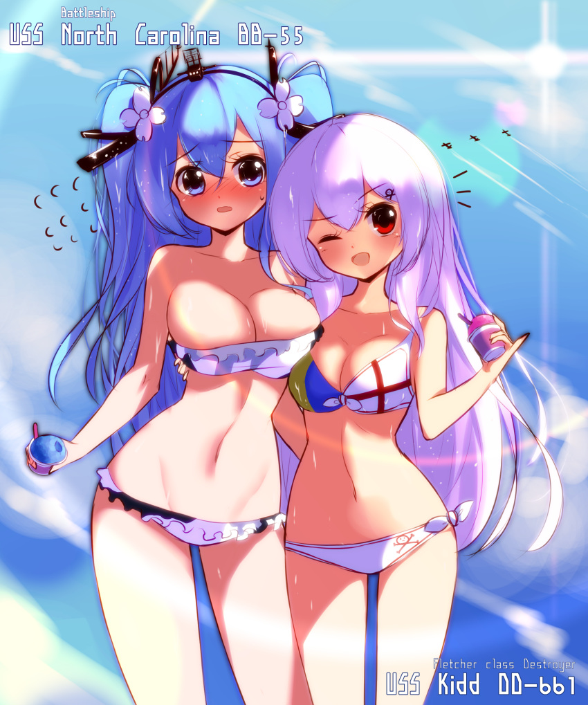 2girls, ;d, bikini, blue_eyes, blue_hair, blush, breasts, character_name, flower, flying_sweatdrops, food, hair_flower, hair_ornament, highres, ice_cream, large_breasts, lavender_hair, long_hair, looking_at_viewer, multiple_girls, one_eye_closed, open_mouth, original, raised_eyebrow, red_eyes, smile, sweatdrop, swimsuit, tandozzing, two_side_up, uss_kidd_(dd-661), uss_north_carolina_(bb-55), very_long_hair, zhan_jian_shao_nyu