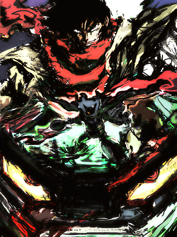 1boy, black_getter, black_hair, coat, commentary_request, energy, eyebrows, getter_robo