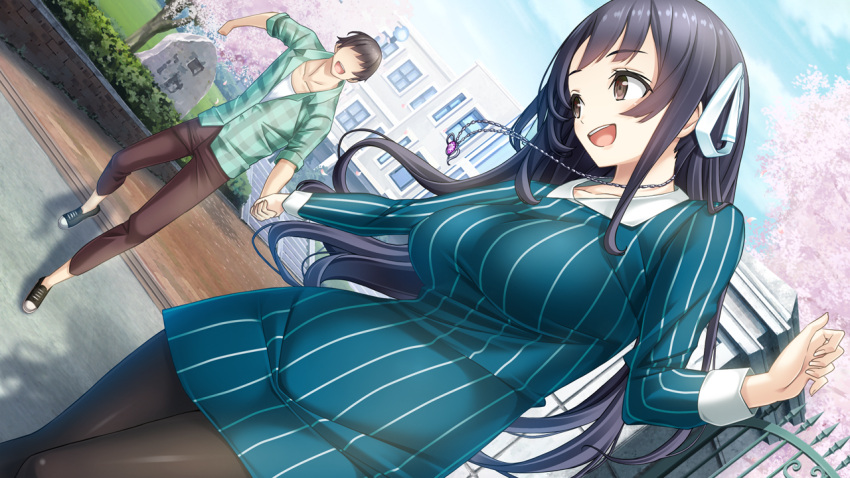 1girl, black_eyes, blue_hair, breasts, building, clouds, dress, dutch_angle