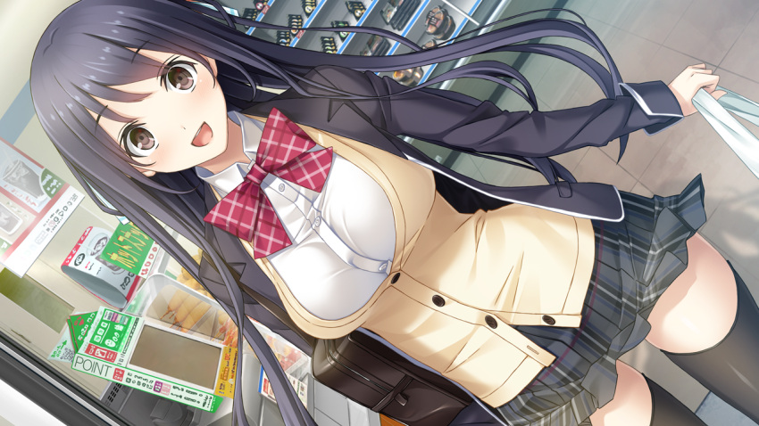 1girl, bag, black_eyes, blue_hair, blush, bowtie, breasts, collared_shirt