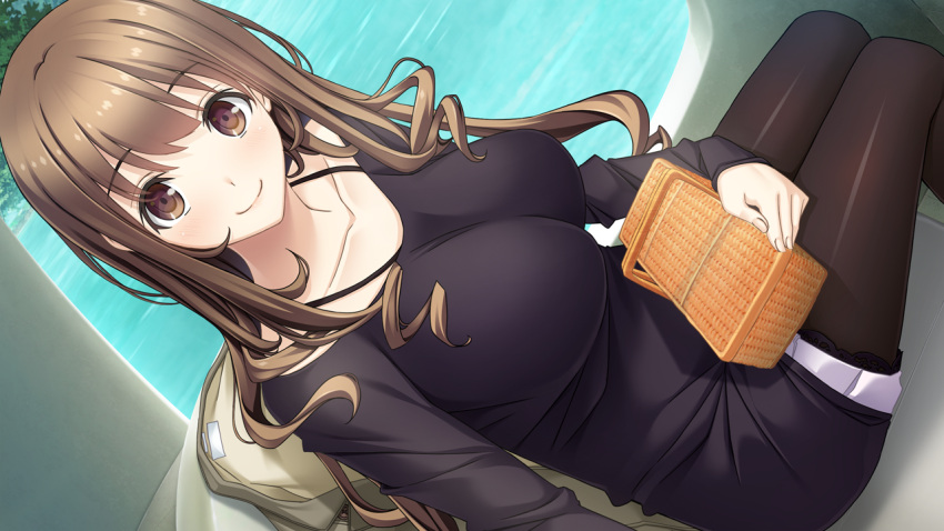 1girl, basket, breasts, brown_eyes, brown_hair, coat, collarbone, eyebrows