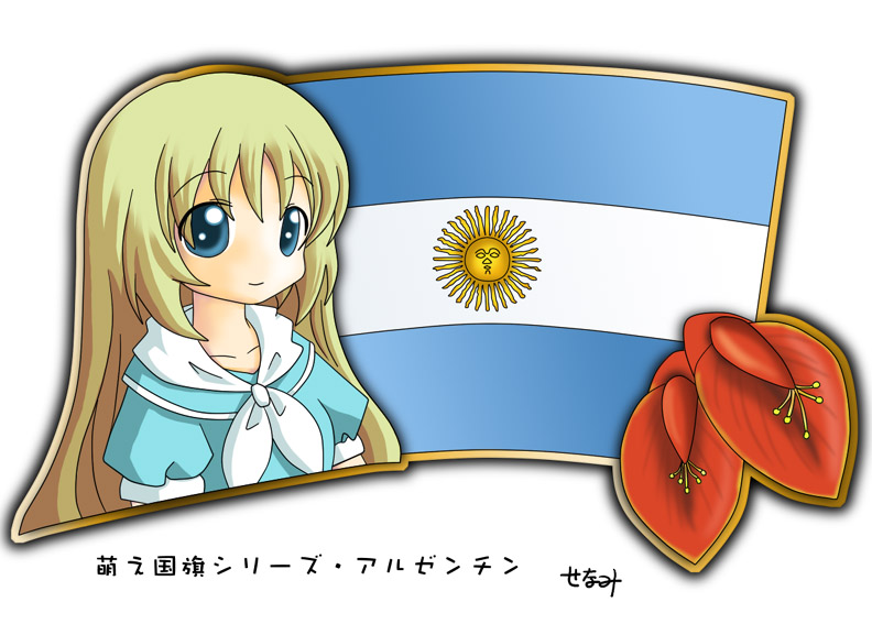 1girl, argentina, argentinian_flag, blonde_hair, blue_eyes, ceibo, flag, long_hair, murakami_senami