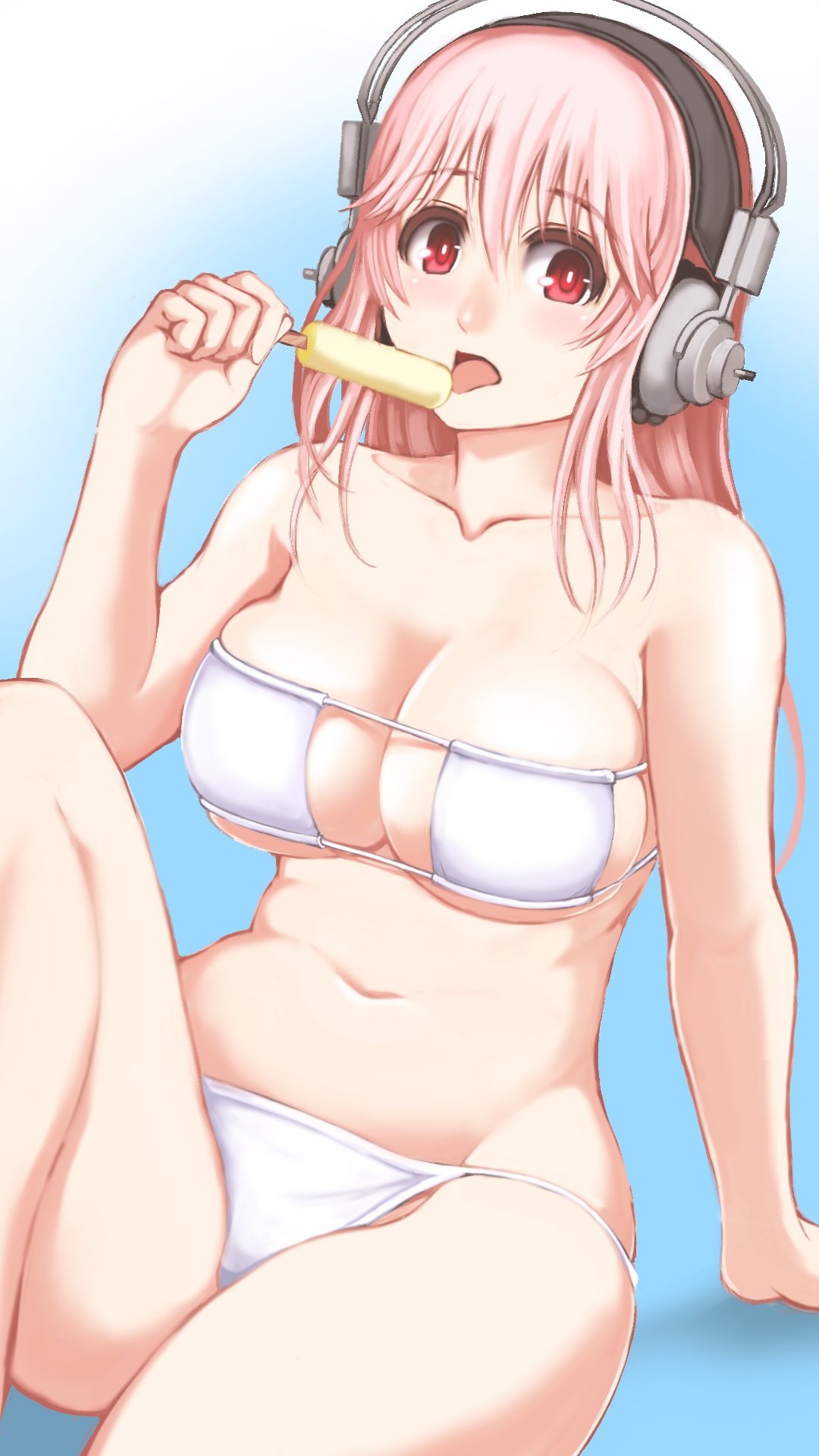 1girl, bikini, blush, breasts, cleavage, deni_m, headphones, highres