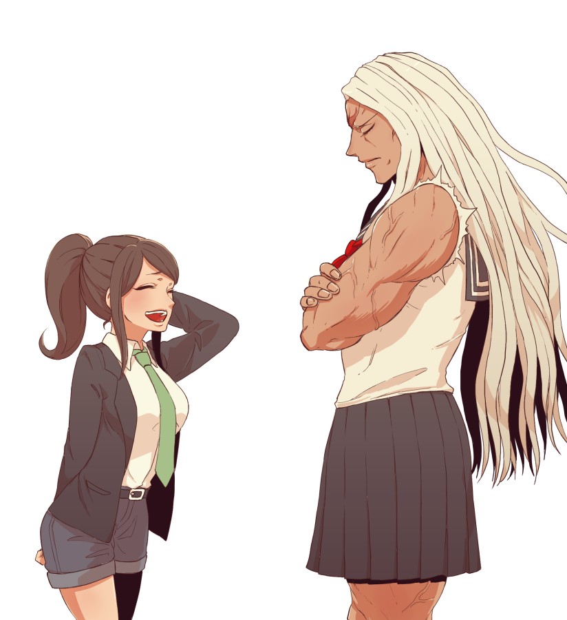 2girls, asahina_aoi, brown_hair, closed_eyes, crossed_arms, dangan_ronpa, dangan_ronpa_1, dangan_ronpa_3, dark_skin, denim, denim_shorts, long_hair, multiple_girls, muscle, necktie, nxgg2b, oogami_sakura, ponytail, scar, school_uniform, serafuku, shorts, spoilers, white_hair