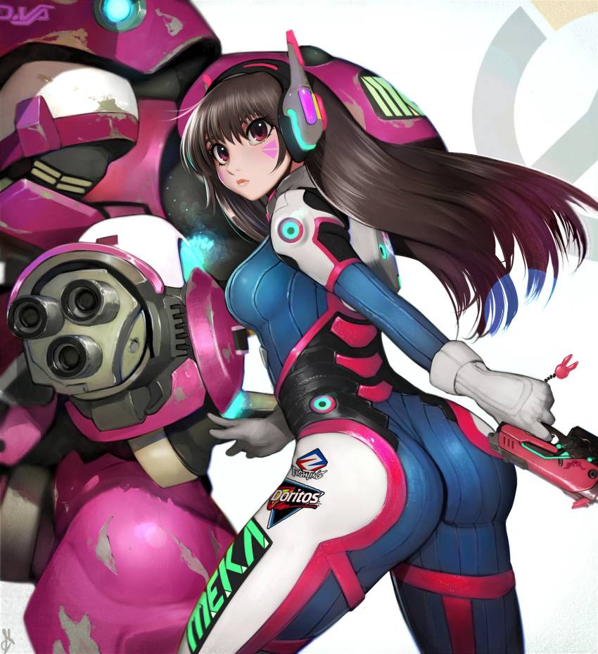 1girl, acronym, arm_cannon, armor, ass, bangs, bodysuit, boots, bracer, breasts, brown_eyes, brown_hair, charm_(object), closed_mouth, d.va_(overwatch), doritos, emblem, eyelashes, facepaint, facial_mark, from_back, from_behind, gatling_gun, gloves, gun, headphones, highres, holding, holding_gun, holding_weapon, logo, long_hair, long_sleeves, looking_back, mecha, medium_breasts, meka_(overwatch), overwatch, pauldrons, pilot_suit, randy_(awesomevillage), shoulder_pads, skin_tight, solo, swept_bangs, thigh-highs, thigh_boots, thigh_strap, weapon, whisker_markings, white_boots, white_gloves