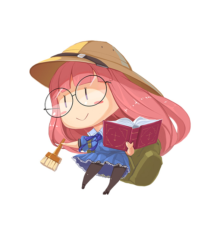 backpack, bag, black_shoes, blue_dress, blush_stickers, book, brush, chibi