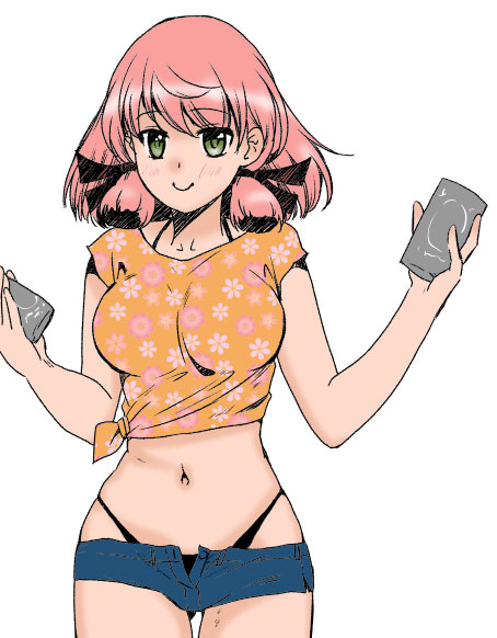 1girl, akashi_(kantai_collection), alternate_hair_color, alternate_hair_length, alternate_hairstyle, blush, breasts, cutoffs