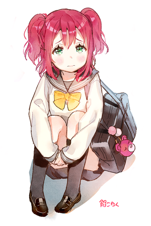 1girl, 3:, anco_(melon85), artist_name, bag, black_legwear, blue_eyes, blush