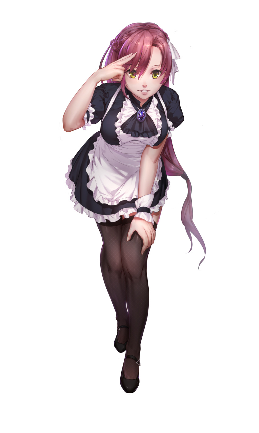 1girl, 476686911, absurdres, apron, arm_garter, bangs, black_dress, black_legwear