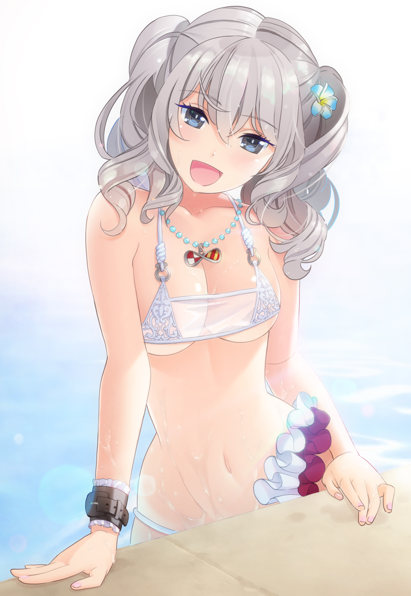 1girl, bikini, blue_eyes, breasts, flower, groin, hair_flower, hair_ornament, highres, jewelry, kantai_collection, kashima_(kantai_collection), long_hair, namiki_system, necklace, open_mouth, pool, silver_hair, solo, swimsuit, twintails, wavy_hair, wristband