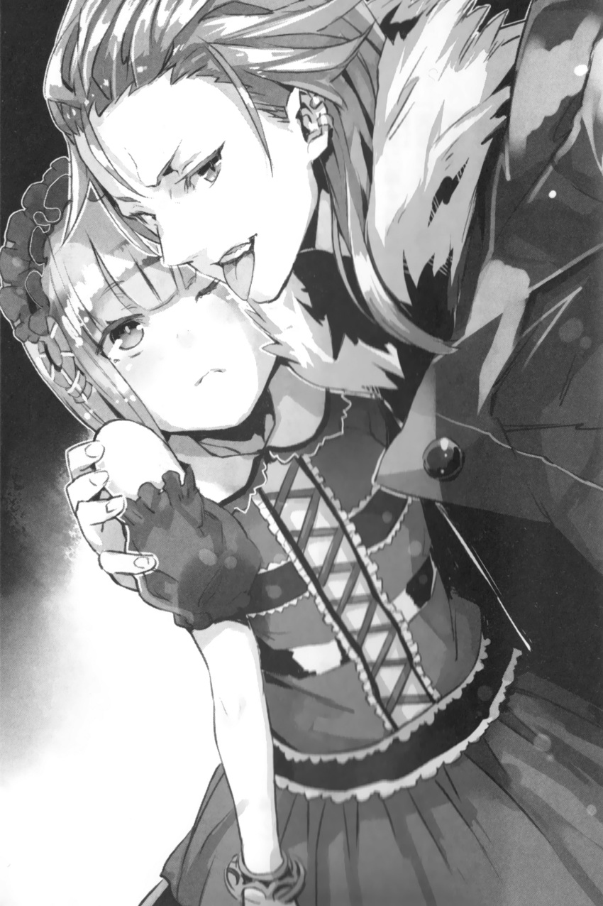 1boy, 1girl, absurdres, coat, cross_regalia, dress, gradient, gradient_background, haioka_jin_(cross_regalia), hairband, highres, lolita_fashion, lolita_hairband, monochrome, short_hair, white_background, wu_(cross_regalia), yuugen