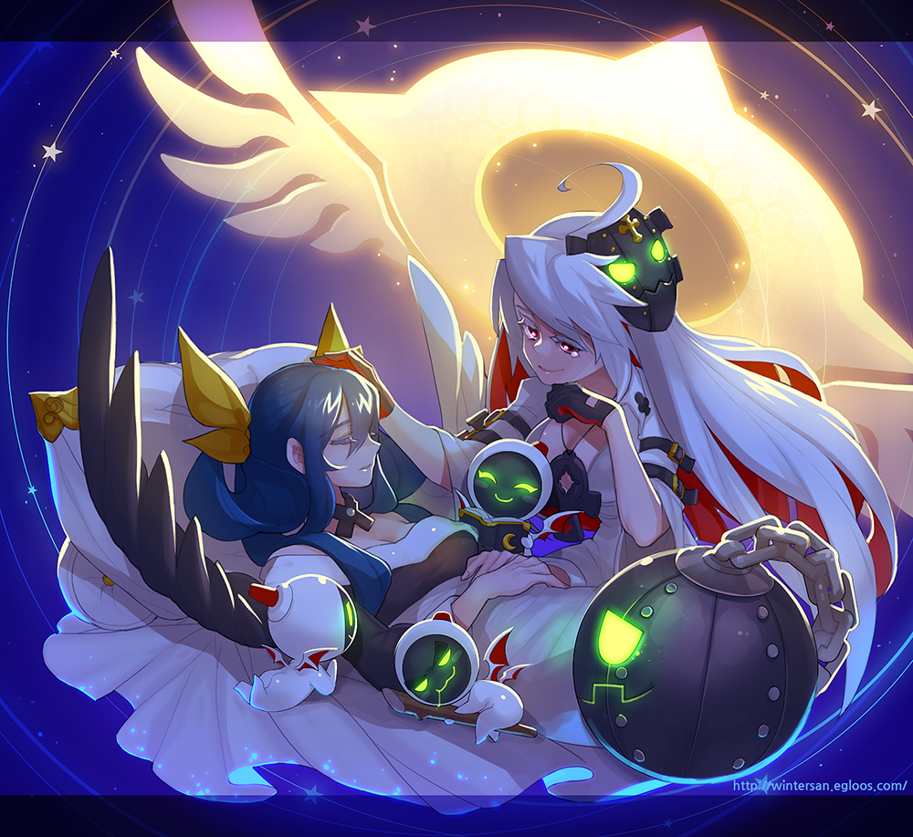 2girls, ahoge, arc_system_works, blonde_hair, blue_hair, bodysuit, closed_eyes, dizzy, guilty_gear, guilty_gear_xrd, guilty_gear_xrd:_revelator, halo, happy_tears, jack-o_(guilty_gear), long_hair, looking_at_another, mask, mask_on_head, multicolor_hair, multiple_girls, red_eyes, ribbon, san_(winteroll), sleeping, smile, spoilers, tears, wings