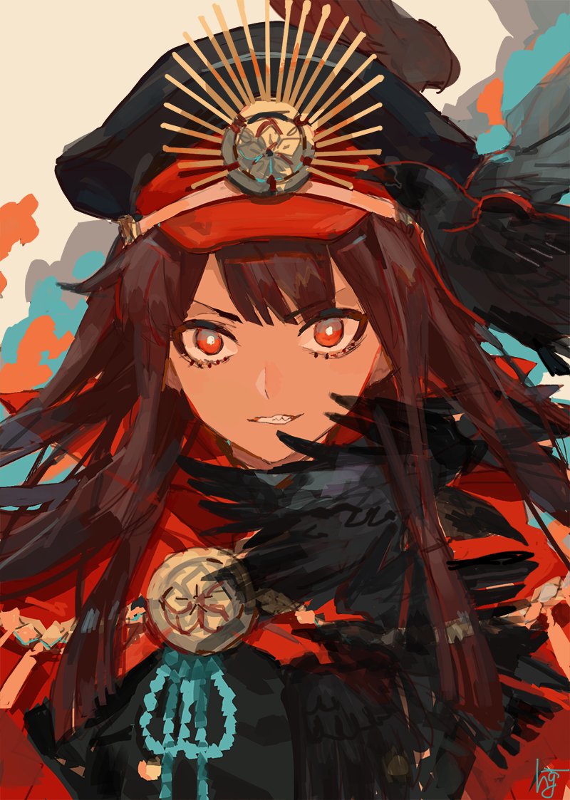 1girl, animal, bird, black_hair, brown_hair, cape, crow, demon_archer