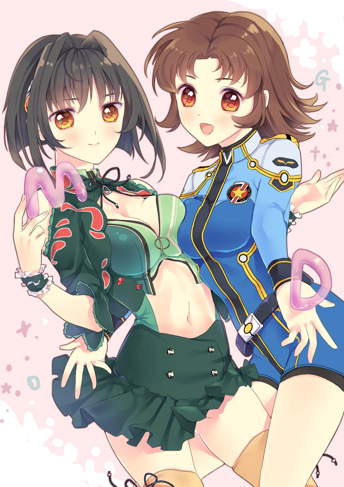 2girls, :d, akimi_akatsuki_(female), asymmetrical_docking, black_hair, blush, breast_press, breasts