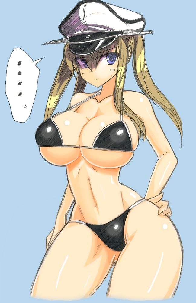 ..., 1girl, bikini, black_bikini, blonde_hair, blue_background, blue_eyes, breasts, cleavage, graf_zeppelin_(kantai_collection), hand_on_hip, hat, kantai_collection, kobonta, large_breasts, long_hair, military_hat, navel, peaked_cap, revision, solo, spoken_ellipsis, standing, swimsuit, twintails
