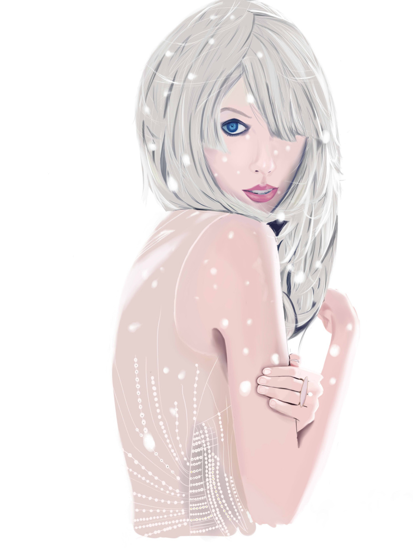 1girl, absurdres, bangs, bare_back, blonde_hair, blue_eyes, facing_viewer, from_side, hair_over_one_eye, highres, imliiiiiie, lipstick, long_hair, looking_at_viewer, makeup, original, parted_lips, real_life, red_lipstick, self_hug, simple_background, smile, solo, taylor_swift, teeth, upper_body, white_background
