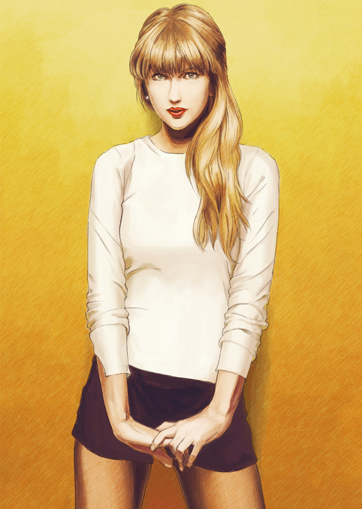 1girl, black_shorts, blonde_hair, bomb_(bombbomb), derivative_work, earrings, jewelry, lipstick, long_hair, long_sleeves, looking_at_viewer, makeup, nose, original, own_hands_together, parted_lips, photo_reference, real_life, red_lipstick, shirt, shorts, sleeves_rolled_up, solo, taylor_swift, v_arms, white_shirt