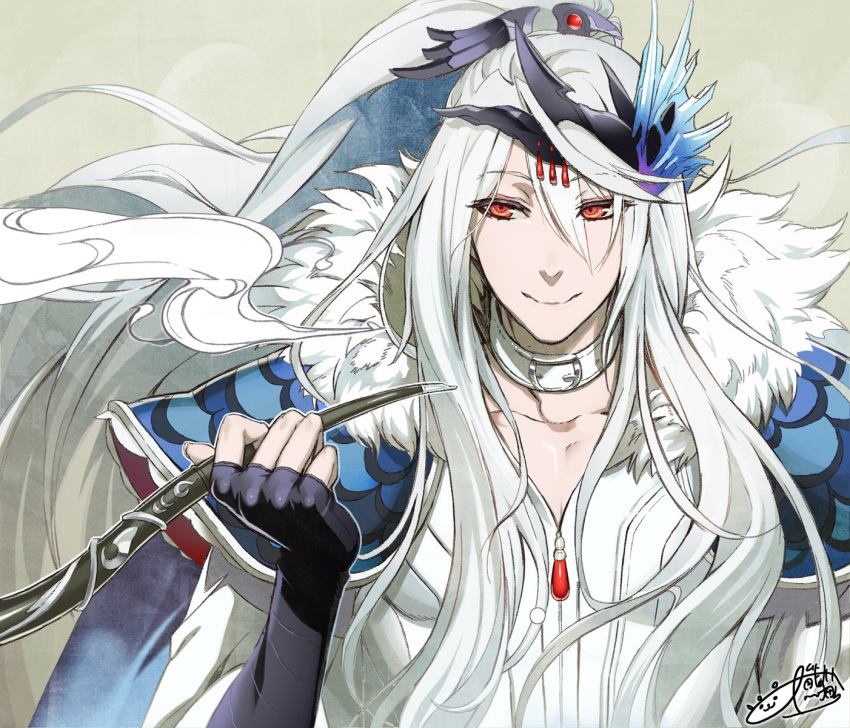 1boy, chinese_clothes, choker, fingerless_gloves, gloves, grey_background, highres, lin_xue_ya