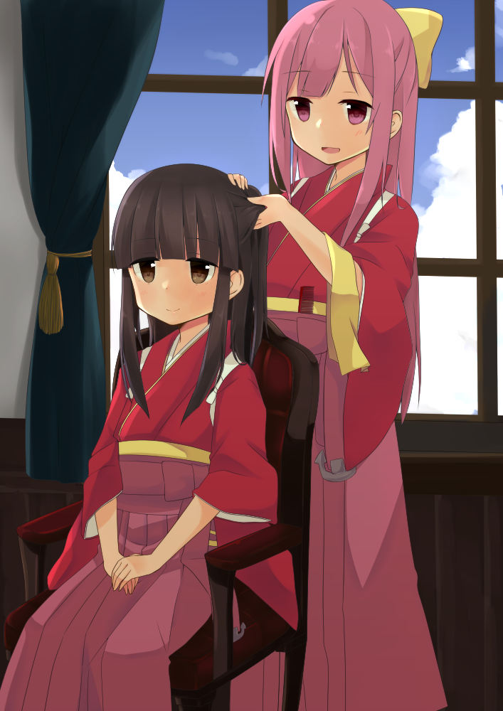 2girls, aoshima_sakana, black_hair, bow, brown_eyes, chair, commentary_request, cosplay