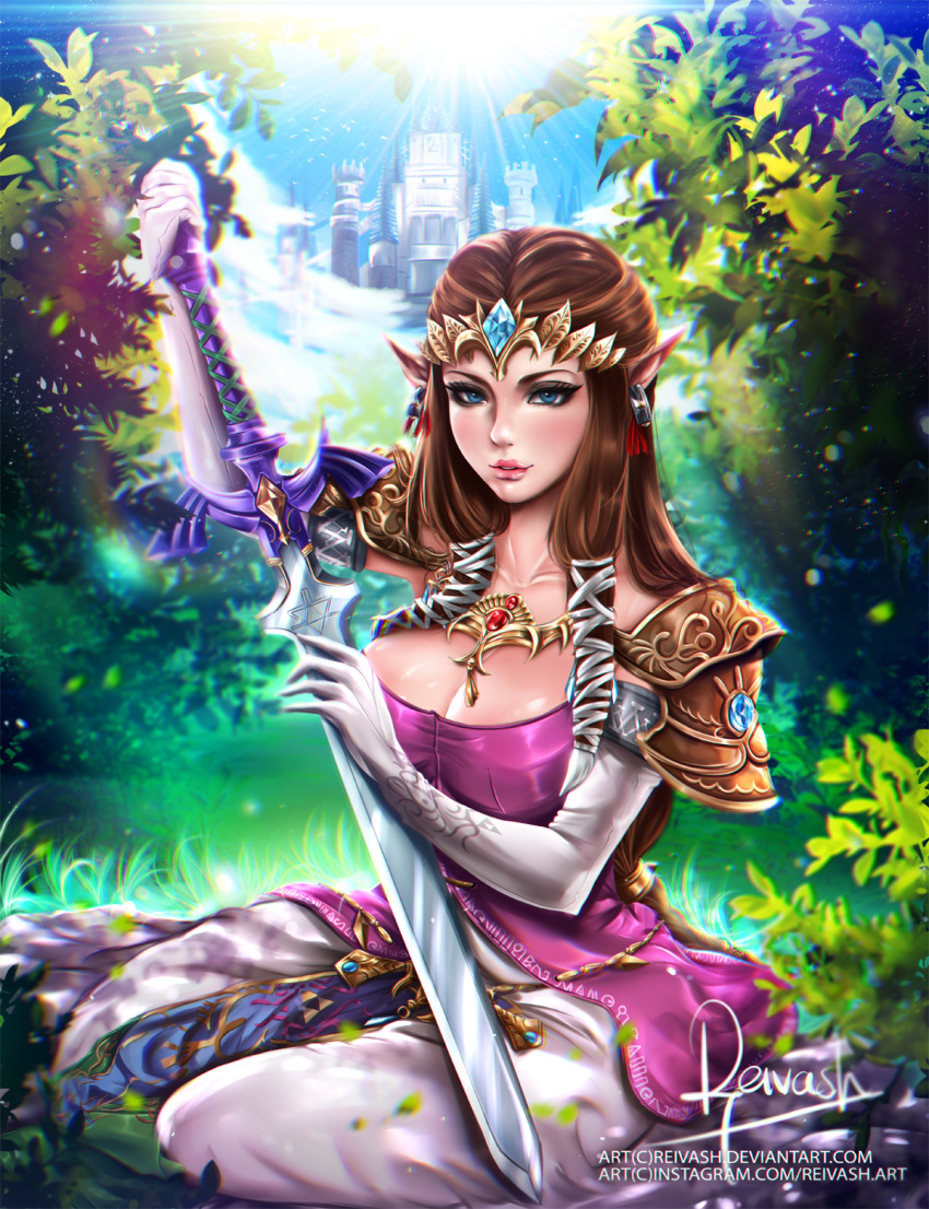 1girl, breasts, brown_hair, castle, cleavage, dress, elbow_gloves, gloves