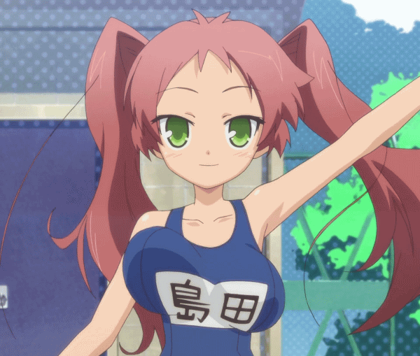 1girl, animated, animated_gif, baka_to_test_to_shoukanjuu, bouncing_breasts, breast_padding, breasts, green_eyes, redhead, school_swimsuit, shimada_hazuki, stitched, swimsuit, tied_hair, twintails, waving