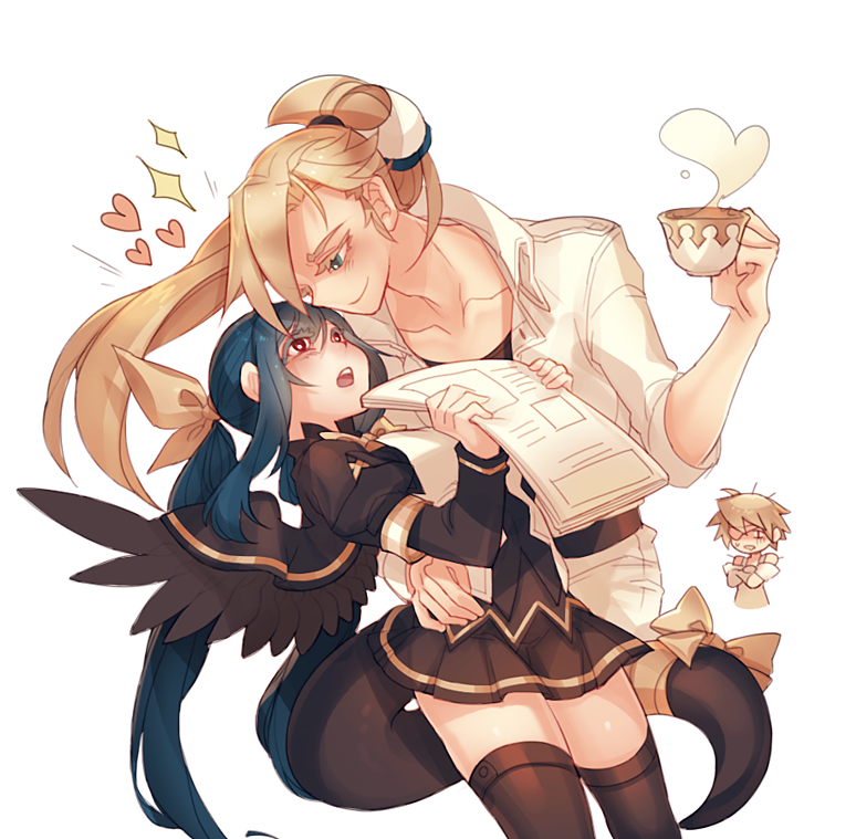 1boy, 1girl, blonde_hair, blue_eyes, blue_hair, colored_eyelashes, cup, dizzy
