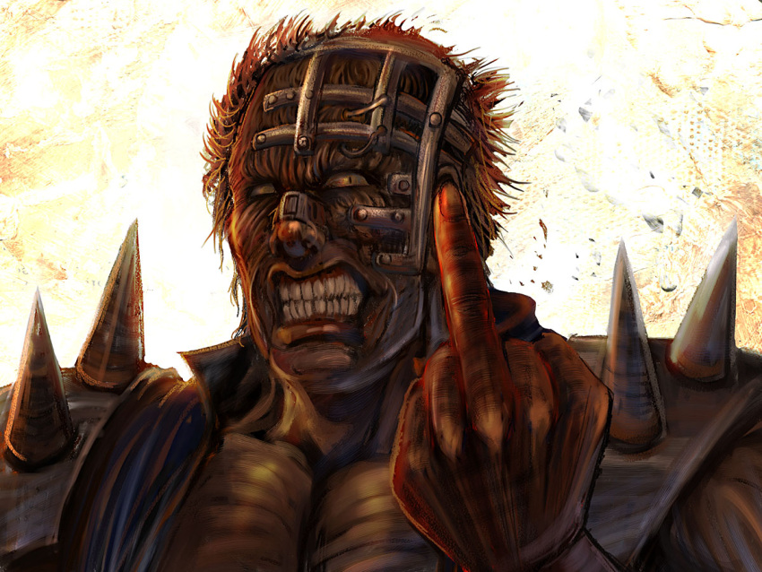 bccp, hokuto_no_ken, jagi, male, middle_finger, spikes, teeth