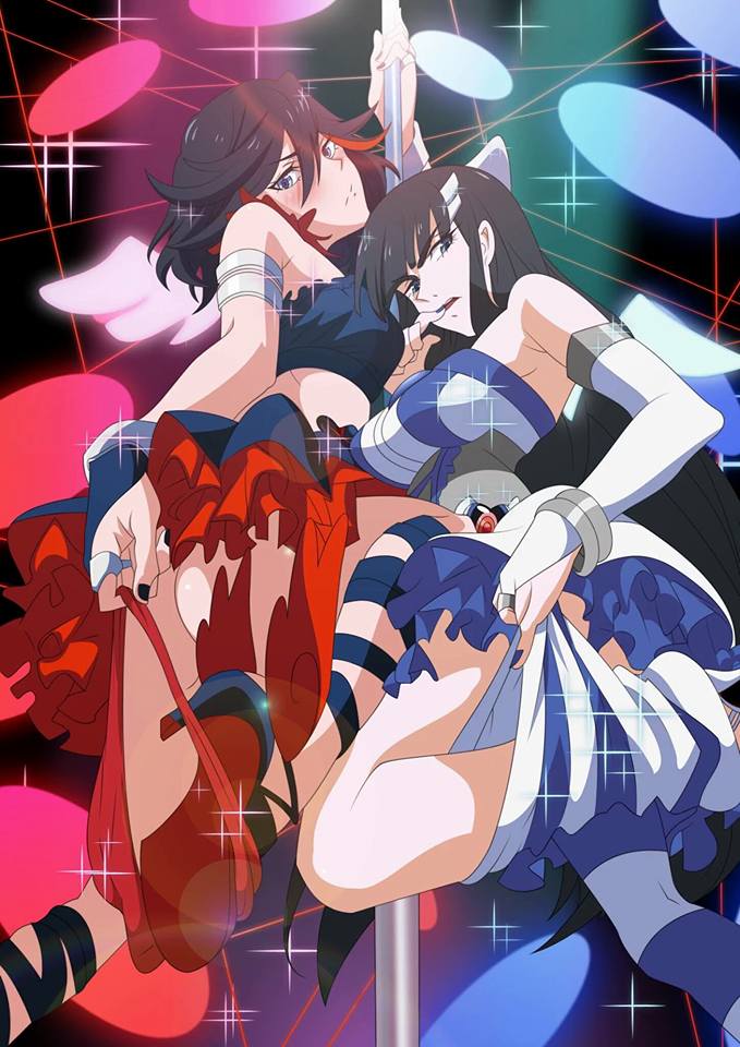 2girls, anime_coloring, artist_request, ass, black_hair, blue_eyes, blush, clothing_pull, color_connection, color_coordination, eyebrows, fingerless_gloves, gloves, high_heels, hime_cut, jewelry, kill_la_kill, kiryuuin_satsuki, laser, lazer_light, long_hair, looking_at_viewer, matoi_ryuuko, midriff, multicolored_hair, multiple_girls, nail_polish, opera_gloves, pale_skin, panties, panty_&amp;_stocking_with_garterbelt, panty_pull, sexually_suggestive, short_hair, sideways_glance, spotlight, streaked_hair, stripper, stripper_pole, thick_eyebrows, thigh-highs, thighhighs_pull, thong, two-tone_hair, underwear, undressing