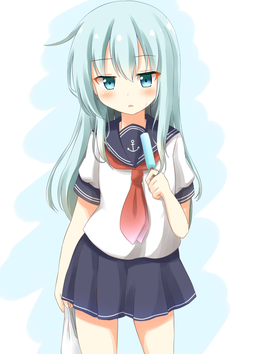 1girl, absurdres, anchor_symbol, blue_eyes, blue_hair, blue_skirt, commentary_request, eyebrows