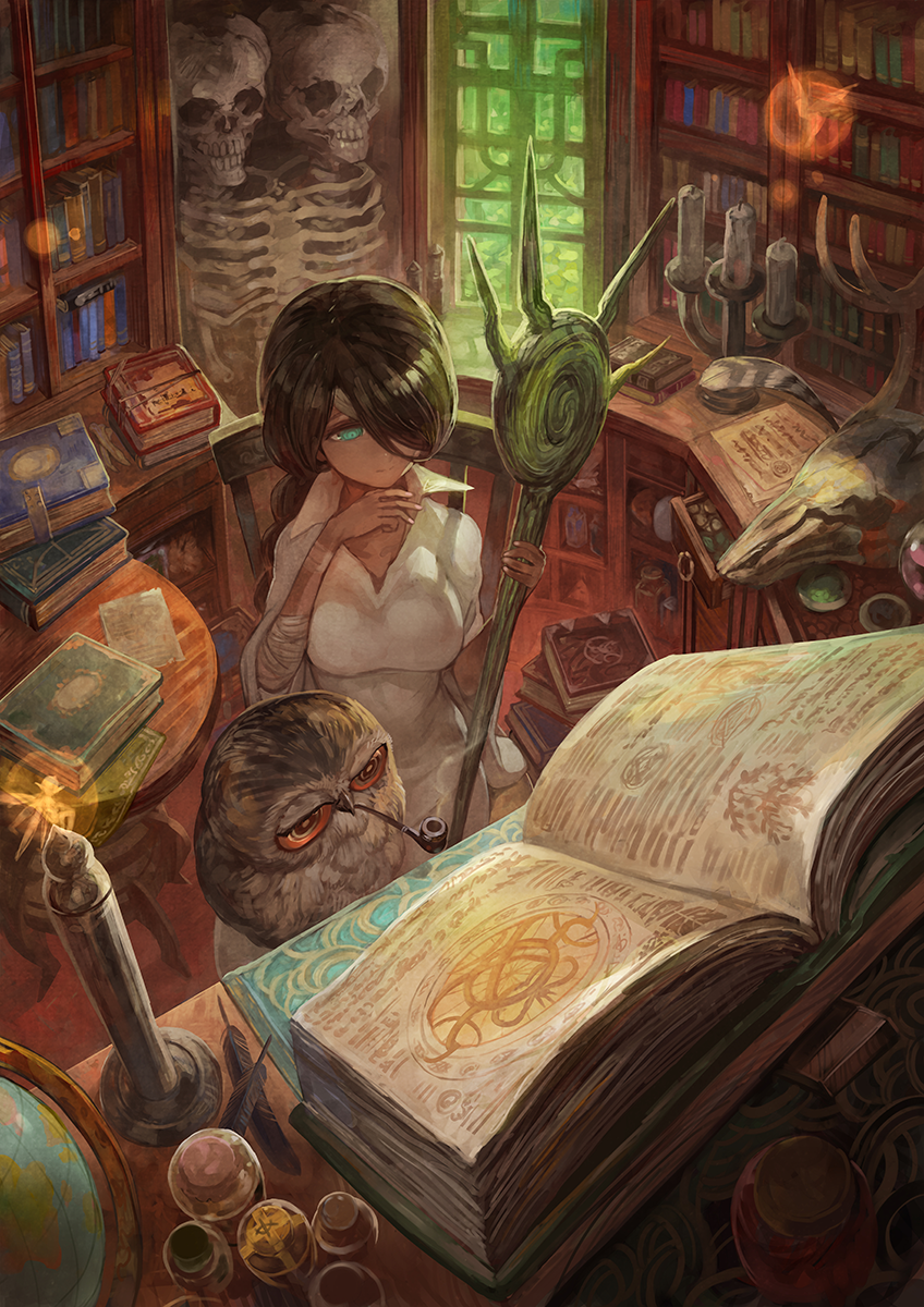 1girl, antlers, aqua_eyes, bandage, bird, black_hair, book, book_stack