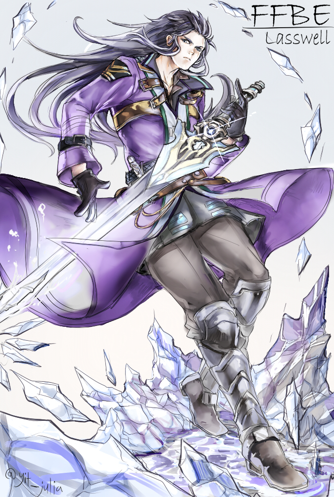 1boy, artist_name, blue_eyes, boots, character_name, coat, copyright_name, final_fantasy, final_fantasy_brave_exvius, gloves, grey_background, ice, julia_yit, lasswell, long_hair, simple_background, solo, sword, weapon