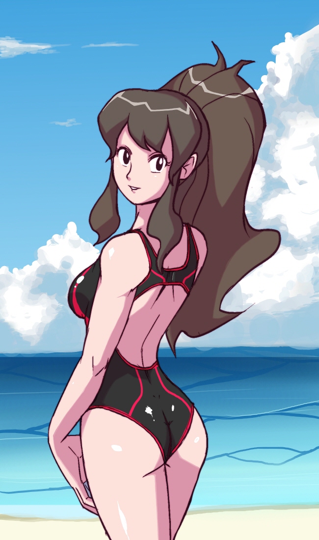 10s, 1girl, alternate_eye_color, beach, black_eyes, breasts, brown_hair, clouds