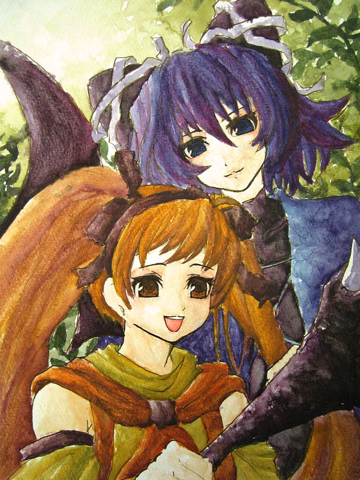 2girls, bat_wings, blue_eyes, blue_hair, brown_eyes, hairband, kaniba_rizumu, long_hair