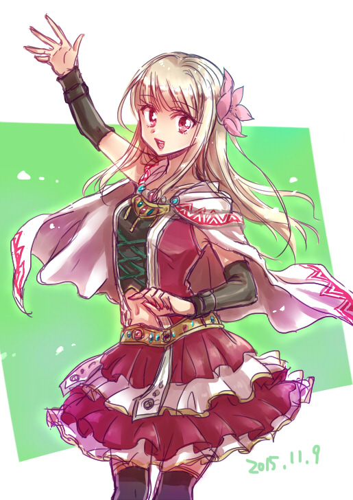 1girl, blonde_hair, capelet, cowboy_shot, daidai_yuuko, dated, fina_(ff_be), final_fantasy, final_fantasy_brave_exvius, flower, hair_flower, hair_ornament, long_hair, navel, open_mouth, pink_eyes, solo, teeth, white_background