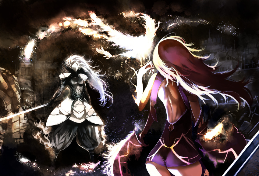 1boy, 1girl, arc_system_works, armor, ass, bare_shoulders, blazblue, detached_sleeves