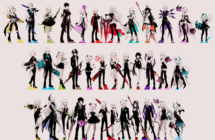 6+boys, 6+girls, :d, add_(elsword), ahoge, aiguillette, aisha_(elsword), ankle_boots