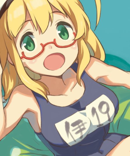1girl, bangs, blonde_hair, breasts, commentary_request, cosplay, glasses, green_eyes