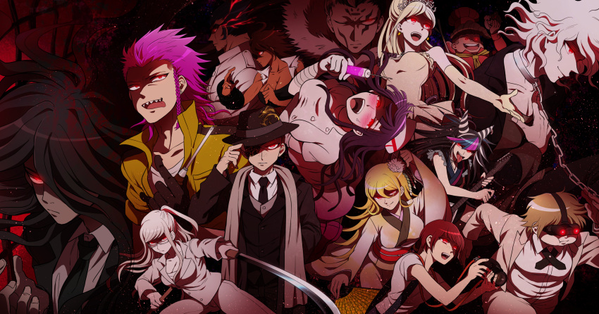 6+boys, 6+girls, absurdres, black_hair, blonde_hair, blue_hair, blush, breasts