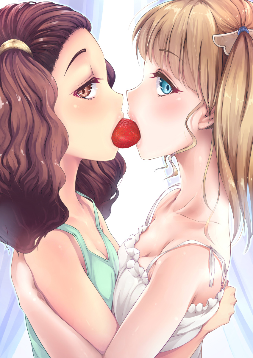 2girls, absurdres, amasora_taichi, blonde_hair, blue_eyes, breast_press, breasts, brown_hair