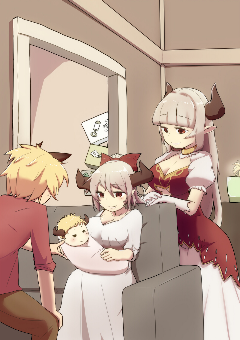 2boys, 2girls, alicia_(granblue_fantasy), aliza_(granblue_fantasy), animal_ears, baby, blonde_hair, breasts