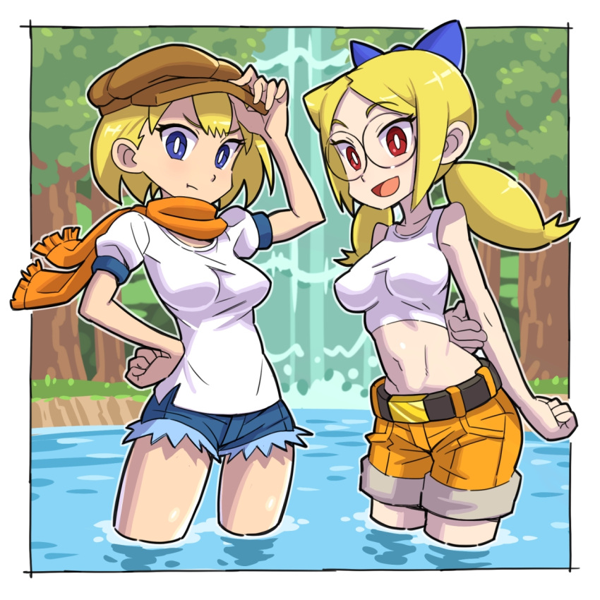 2girls, arms_behind_back, belt, blonde_hair, blue_eyes, breasts, bright_pupils, cutoffs
