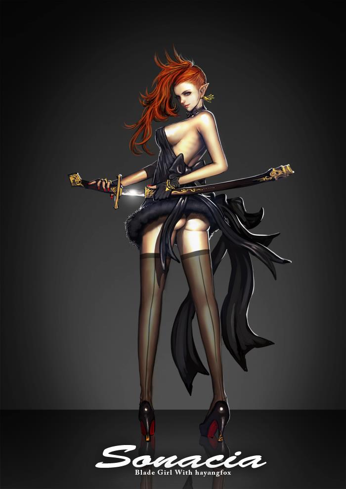 1girl, artist_name, ass, bare_shoulders, blue_eyes, breasts, earrings, elf, erect_nipples, fingerless_gloves, g-string, gloves, high_heels, jewelry, lips, long_hair, nail_polish, panties, pointy_ears, ponytail, redhead, reflection, sheath, sideboob, smile, solo, ssonacia, sword, thigh-highs, thong, underwear, unsheathing, weapon
