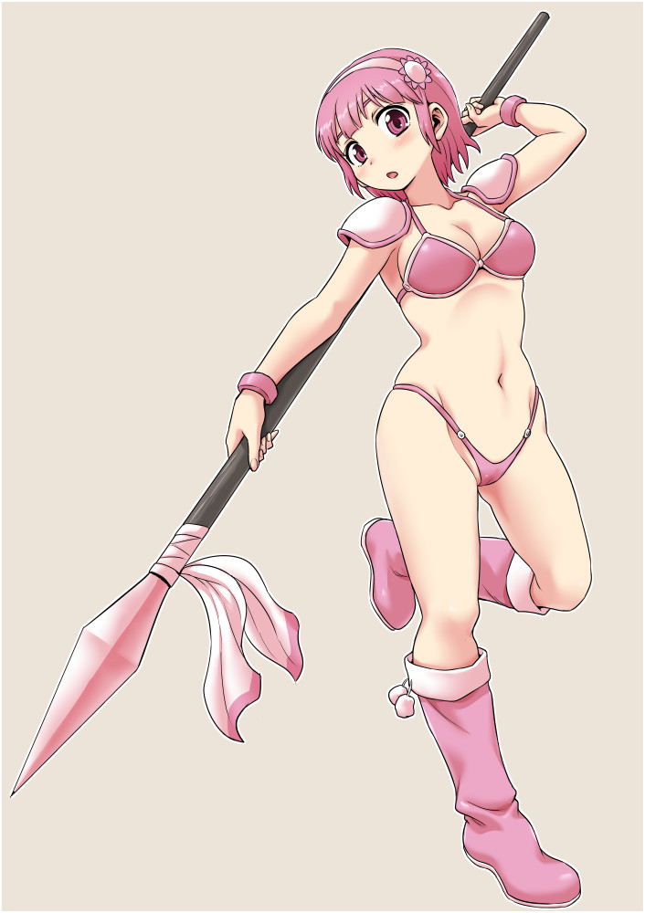 1girl, amazon_(mamotte_knight), armor, bikini_armor, bikini_top, boots, gachon_jirou, mamotte_knight, midriff, pink_eyes, pink_hair, polearm, short_hair, solo, weapon