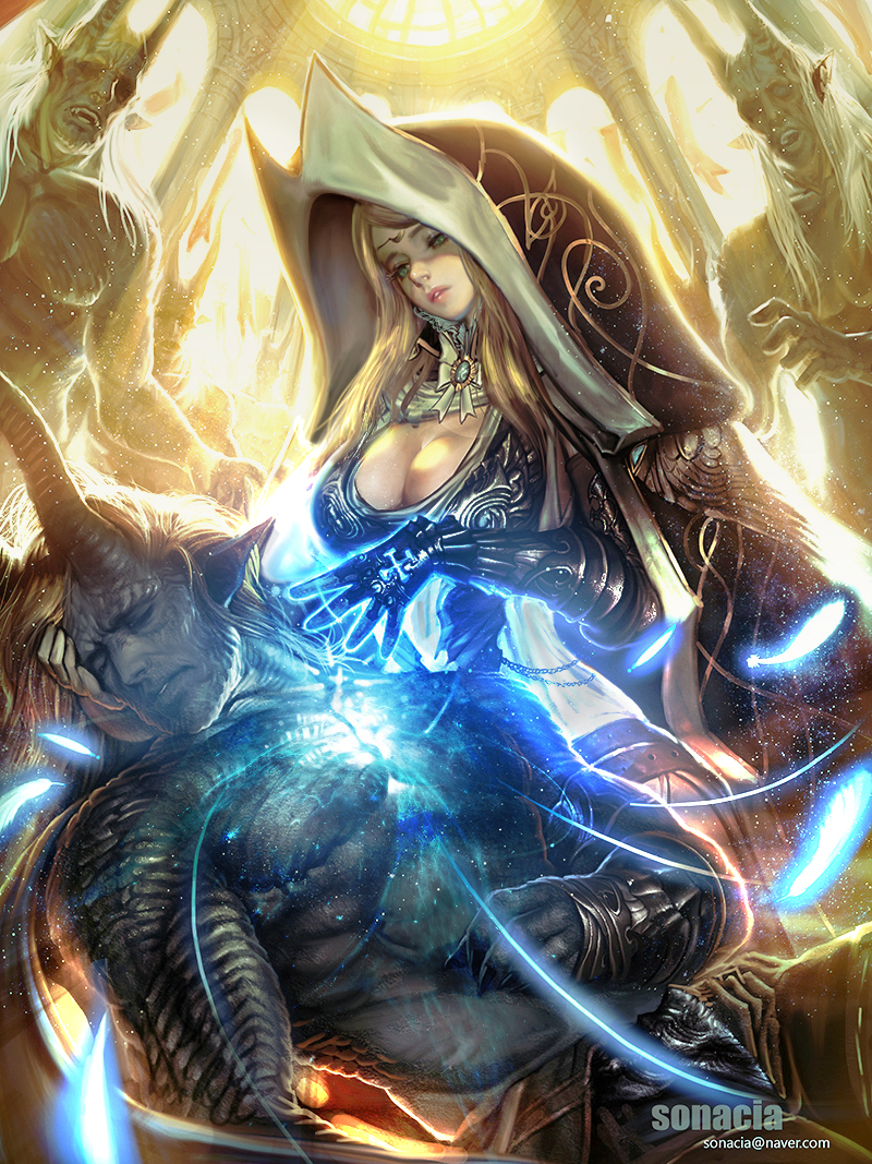 1girl, 3boys, blonde_hair, blue_eyes, breasts, cape, circlet, cleavage, closed_eyes, gloves, hood, horns, indoors, long_hair, looking_down, magic, multiple_boys, parted_lips, pillar, pointy_ears, ssonacia