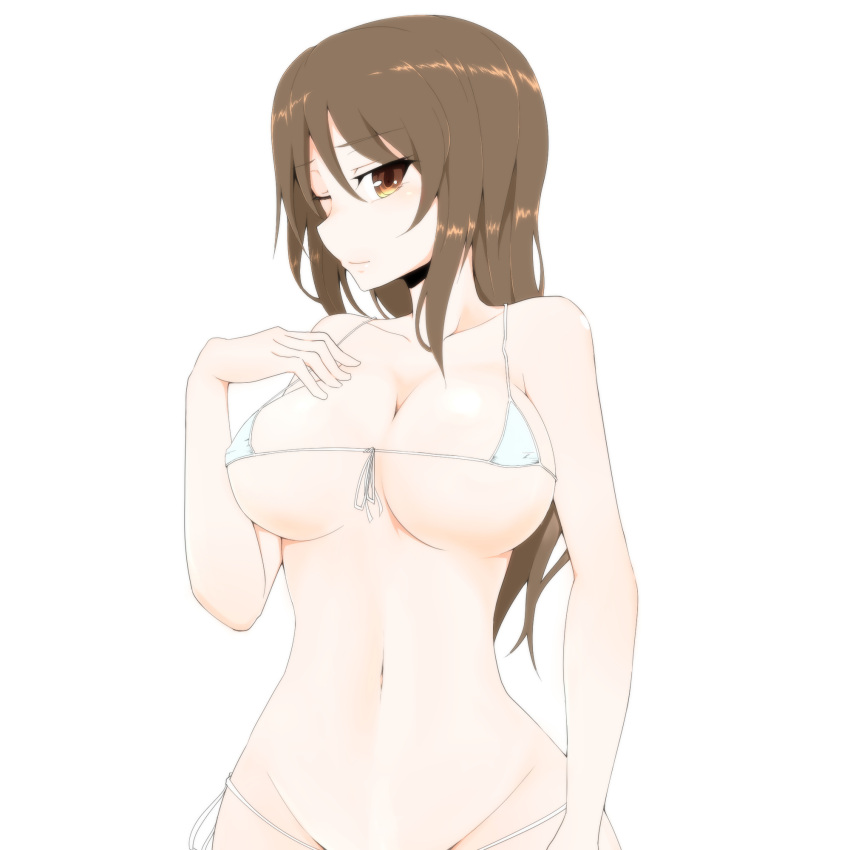 1girl, bikini, blush, breasts, brown_eyes, brown_hair, cleavage, curvy