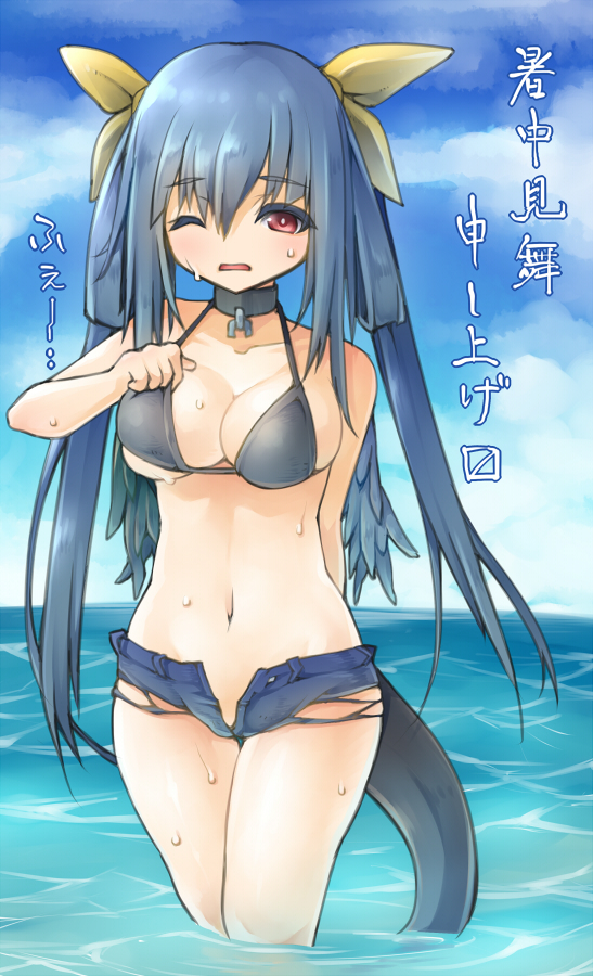 1girl, adjusting_clothes, adjusting_swimsuit, bikini, blue_hair, bow, breasts, cleavage